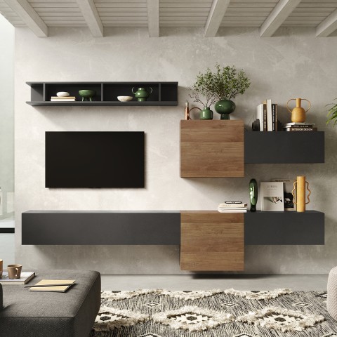 Moderne zwevende tv-meubel in wit en grijs hout Infinity 22 Aanbieding