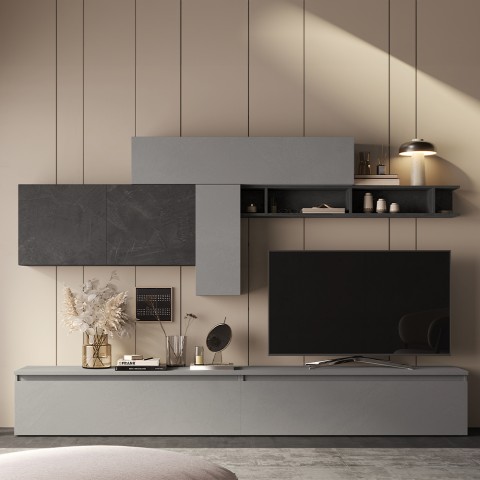 Moderne grijze woonkamer wandmeubel met zwarte plank Infinity 23 Aanbieding