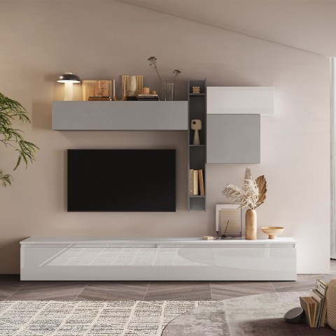 Moderne witte en grijze tv-wandmeubel met zwevende kasten Infinity 29 Aanbieding