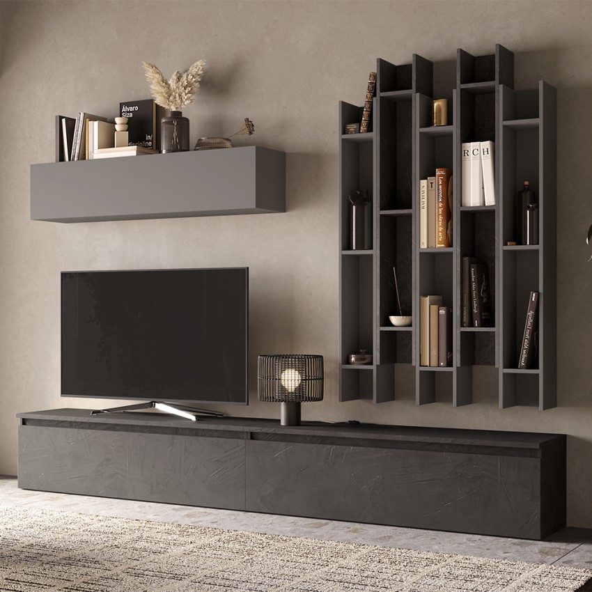 Moderne wandmeubel met grijze boekenkast en zwart tv-meubel Infinity 30 Aanbieding