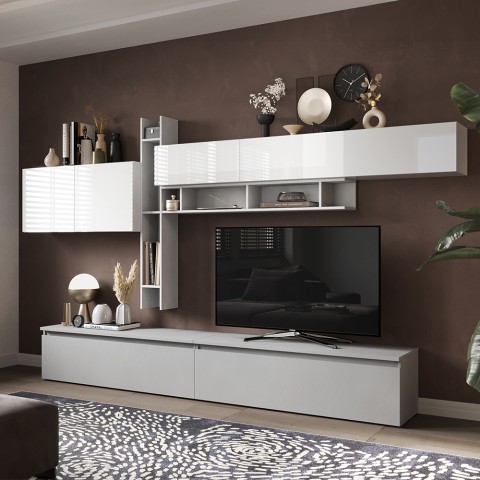 Moderne witte tv-wandmeubel met planken Infinity 32 Aanbieding