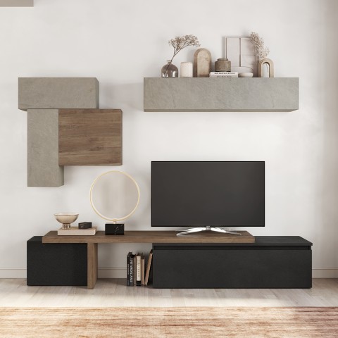 Moderne tv-wandmeubel zwart hout zwevende kasten grijs Infinity 34 Aanbieding