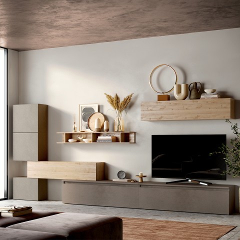 Moderne zwevende wandmeubelset voor woonkamer in hout Infinity 37 Aanbieding