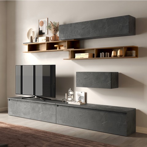 Moderne grijze tv-wandmeubel met houten planken Infinity 39 Aanbieding