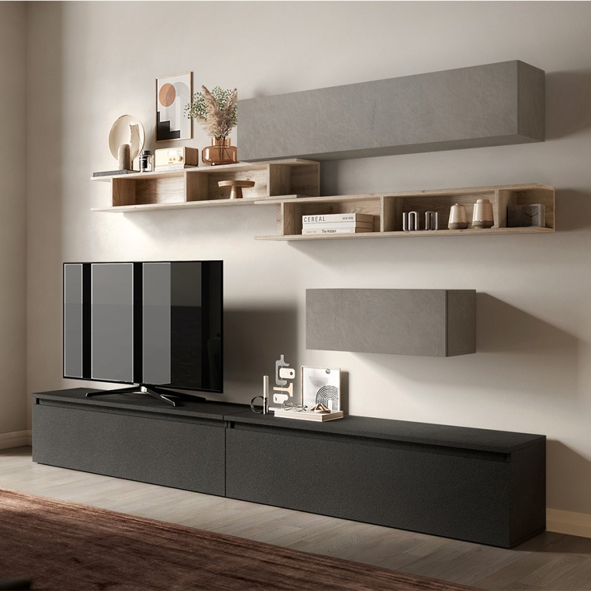 Moderne grijze tv-wandmeubel met houten planken Infinity 39 Verkoop Moderne grijze tv-wandmeubel met houten planken Infinity 39 Verkoop