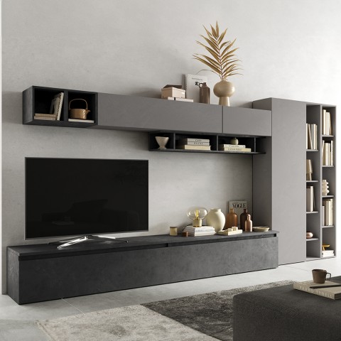 Moderne grijze tv-wandmeubel met boekenkast en zwevende kastjes Infinity 43 Aanbieding