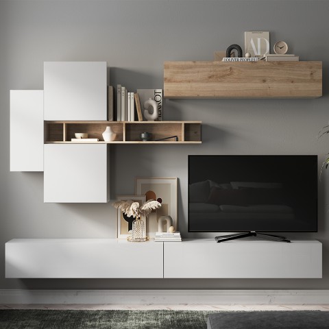 Moderne zwevende tv-wandmeubel met houten plank Infinity 44 Aanbieding