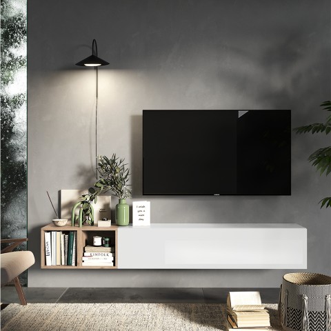 Minimalistisch en modern zwevende TV-meubel met houten planken Infinity 49 Aanbieding