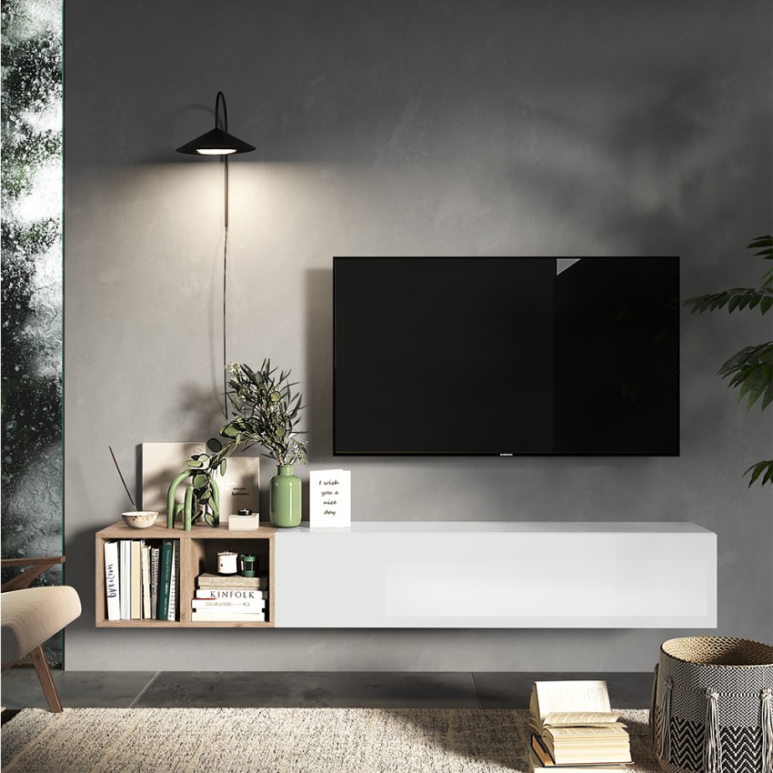 Minimalistisch en modern zwevende TV-meubel met houten planken Infinity 49 Aanbieding Minimalistisch en modern zwevende TV-meubel met houten planken Infinity 49 Aanbieding