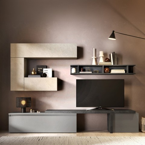 Moderne grijze tv-wandmeubel met witte hangkasten Infinity 40 Aanbieding