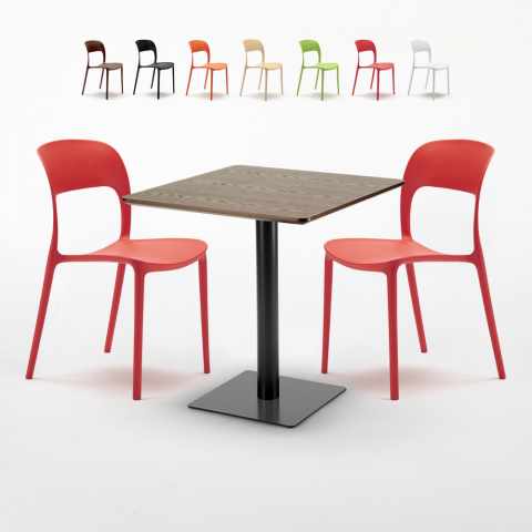 Vierkante Tafel 70x70 cm Houten Effect Top met 2 gekleurde stoelen Restaurant Melon Aanbieding