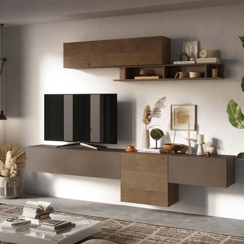 Moderne zwevende tv-wandmeubel met houten plank Fantasy 02 Aanbieding