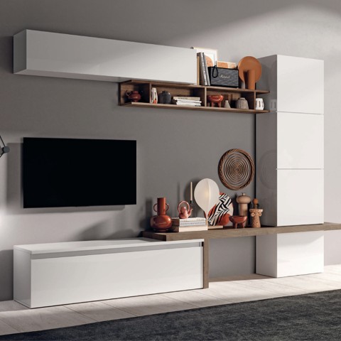 Moderne wandmeubel tv-kast wit glanzend hout Fantasy 03 Aanbieding