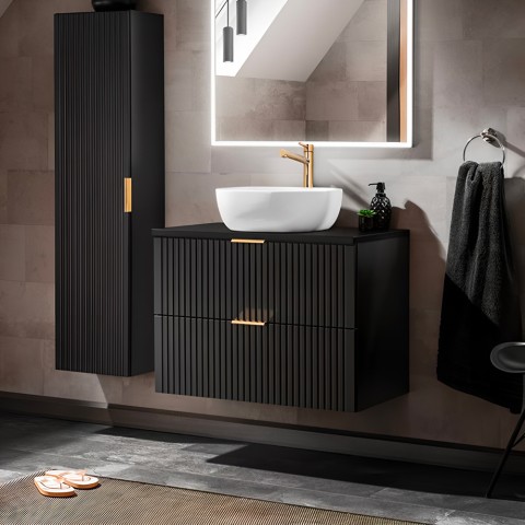 Hangende zwarte badkamerkast met laden en wastafel 80x46 cm Adel Black Aanbieding