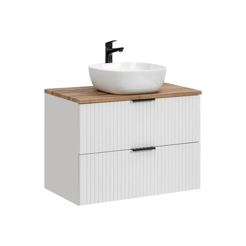 Hangend wit en houten badkamermeubel met wastafel en lades Adel Bianco Aanbieding