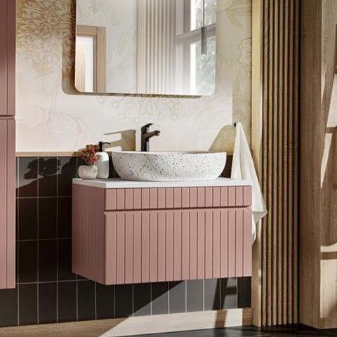Hangend roze badkamermeubel 80x46 cm met witte opzetwastafel Lili 80 Aanbieding