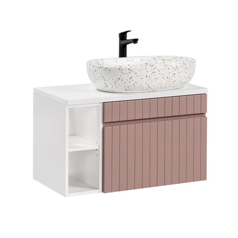 Badkamerkastje met roze en wit zwevend, opzetwasbak en planken Lili 80N Aanbieding