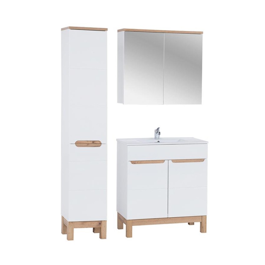 Set met twee staande witte en houten badkamerkasten, wasbak en spiegel Bali Aanbieding Set met twee staande witte en houten badkamerkasten, wasbak en spiegel Bali Aanbieding