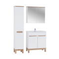 Set met twee staande witte en houten badkamerkasten, wasbak en spiegel Bali Aanbieding