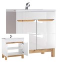 Set met twee staande witte en houten badkamerkasten, wasbak en spiegel Bali Voorraad