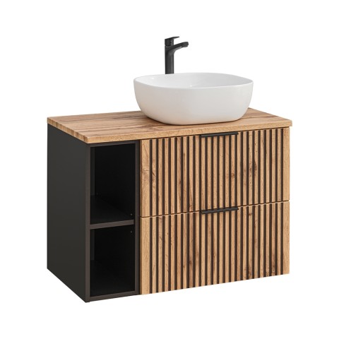 Hangend zwart en houten badkamermeubel met witte wasbak Xilo Aanbieding