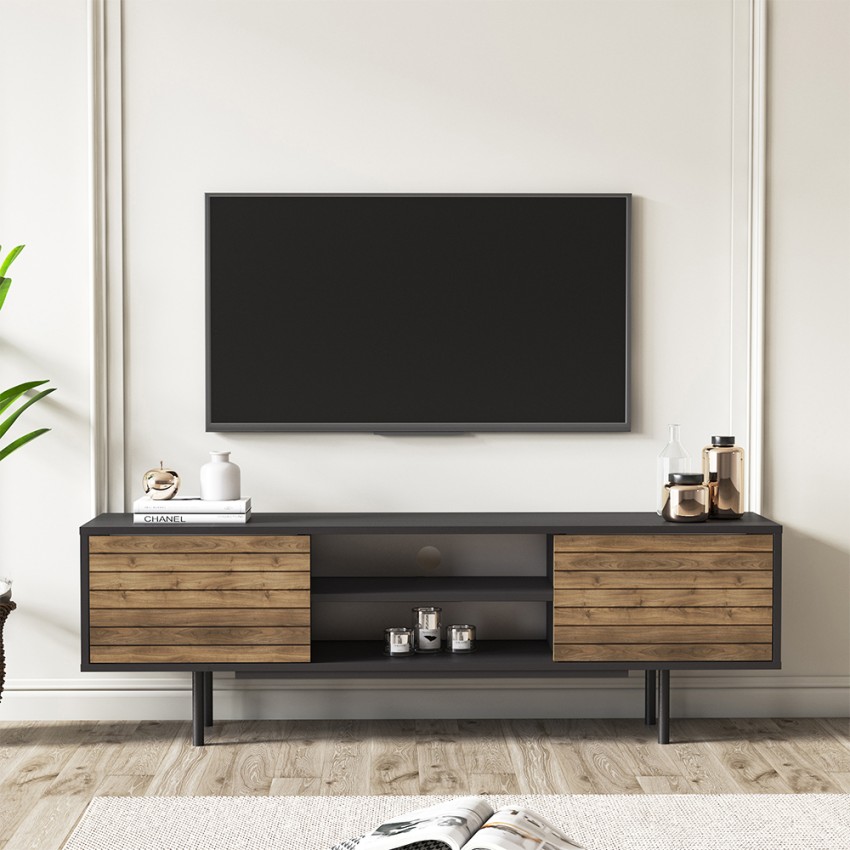 Modern design zwart en houten tv-meubel met 2 deuren en open vakken 160x35x52 cm Colosseo Aanbieding Modern design zwart en houten tv-meubel met 2 deuren en open vakken 160x35x52 cm Colosseo Aanbieding