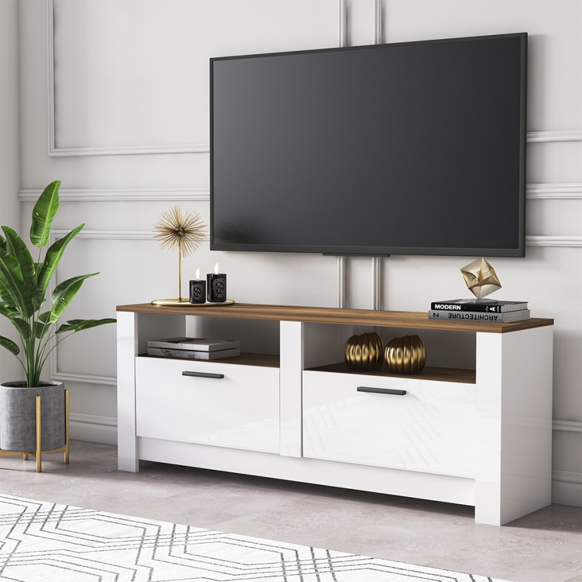 Klassiek wit en houten tv-meubel met 2 deuren  145x35x56 cm Grado Aanbieding