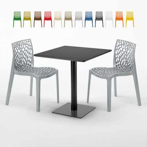 Vierkante tafel 60x60 cm Zwart onderstel en Witte top met 2 gekleurde stoelen Gruyver Kiwi