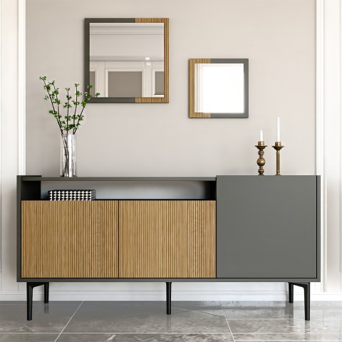 Modern dressoir 150 cm zwart met houten deuren en 2 spiegels Fleury Aanbieding