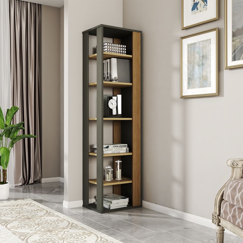Moderne zwarte en houten hoekboekenkast met 5 planken Rezay Aanbieding Moderne zwarte en houten hoekboekenkast met 5 planken Rezay Aanbieding