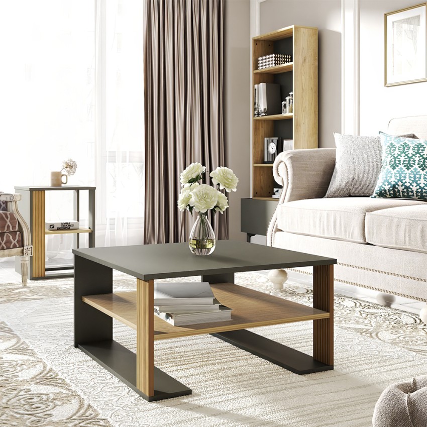 Lage zwarte en houten salontafel in modern vierkant design 75x75 cm Borvin Aanbieding Lage zwarte en houten salontafel in modern vierkant design 75x75 cm Borvin Aanbieding