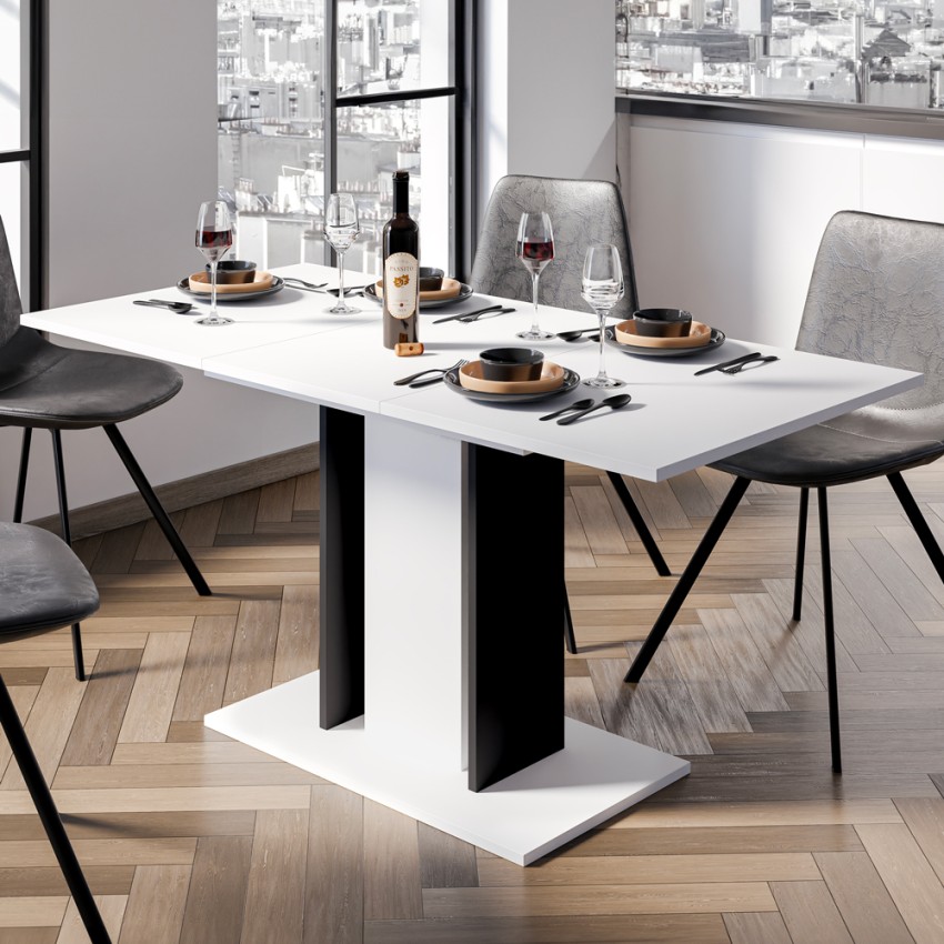 Uitschuifbare ruimtebesparende witte en zwarte tafel 100-140x60 cm Wood Mini White Aanbieding Uitschuifbare ruimtebesparende witte en zwarte tafel 100-140x60 cm Wood Mini White Aanbieding