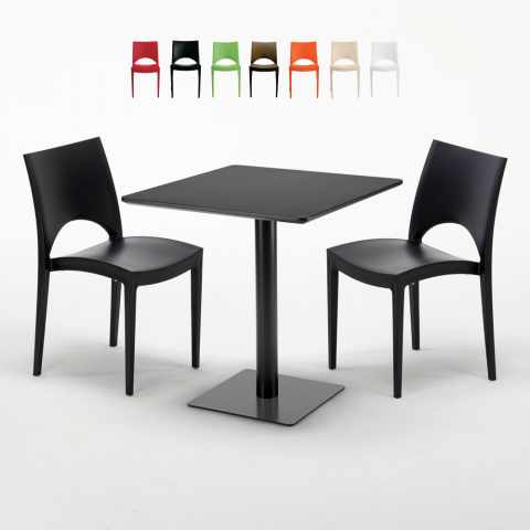 Vierkante tafel 70x70 cm Stalen onderstel en zwart top met 2 gekleurde stoelen Paris Kiwi