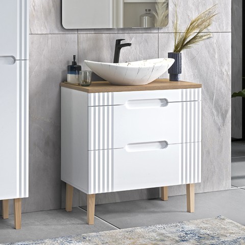 Wit en houten badkamermeubel met wastafel in marmereffect Fiji Aanbieding