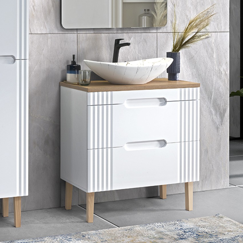 Wit en houten badkamermeubel met wastafel in marmereffect Fiji Aanbieding