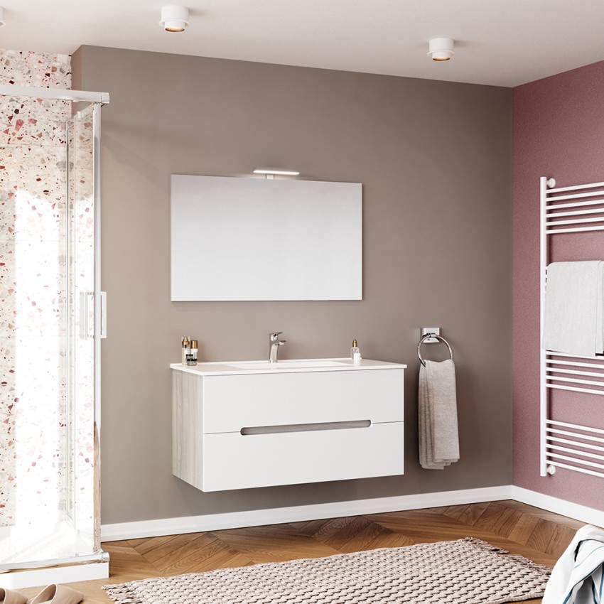 Hangend badkamermeubel 100 cm wit grijs met wastafel, spiegel en verlichting Iris 100 Aanbieding Hangend badkamermeubel 100 cm wit grijs met wastafel, spiegel en verlichting Iris 100 Aanbieding