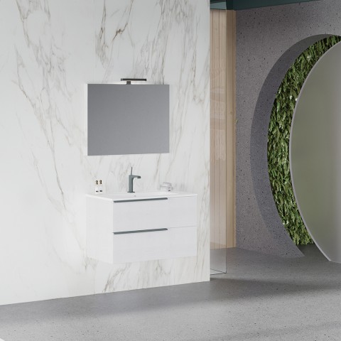 Wit hangend badkamermeubel 80 cm met wastafel en spiegel met LED-verlichting Oikos 80 Aanbieding