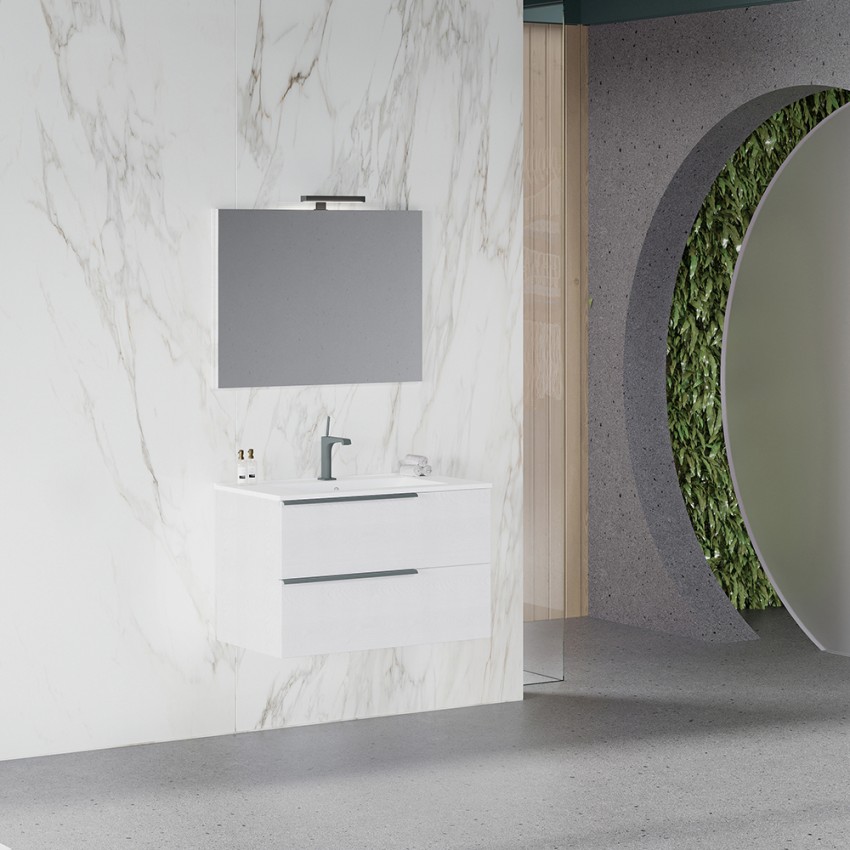Wit hangend badkamermeubel 80 cm met wastafel en spiegel met LED-verlichting Oikos 80 Aanbieding