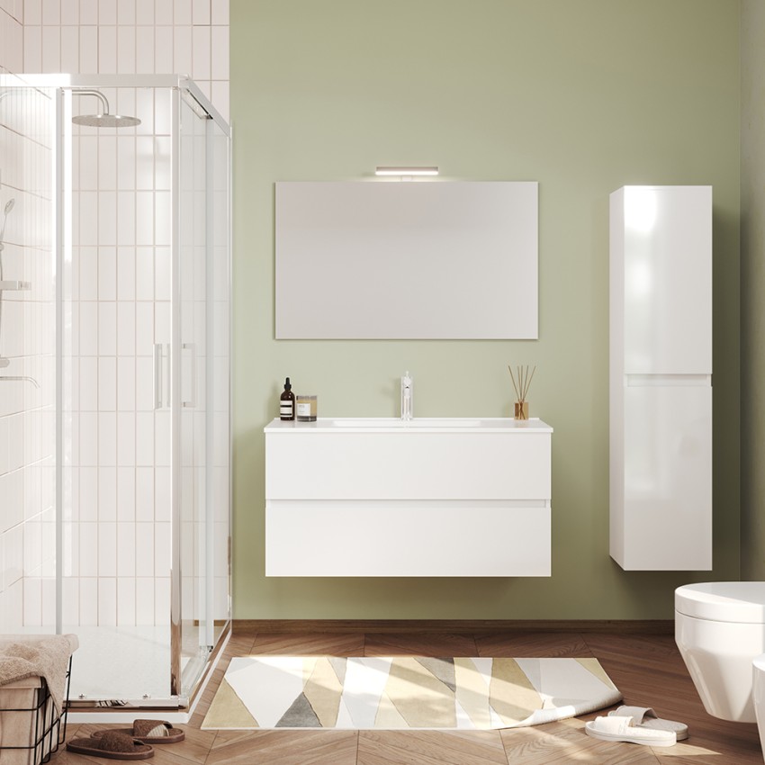 Glanzend wit badkamermeubel 100 cm met spiegel en wastafel Easy 100 Aanbieding Glanzend wit badkamermeubel 100 cm met spiegel en wastafel Easy 100 Aanbieding