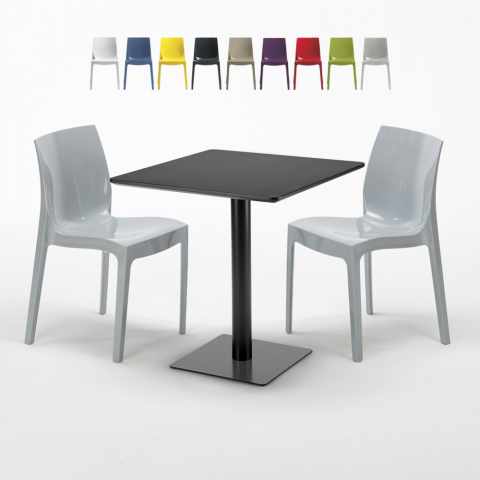 Vierkante tafel 70x70 cm Stalen onderstel en zwart top met 2 gekleurde stoelen Ice Kiwi