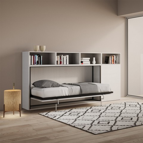 Inklapbaar bed met eenpersoonsmatras en witte kastplanken Kando A Aanbieding