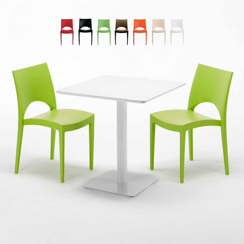 Vervagen smaak Meditatief Paris Meringue Vierkante salontafel wit 60x60 cm met stalen onderstel en 2  gekleurde stoelen