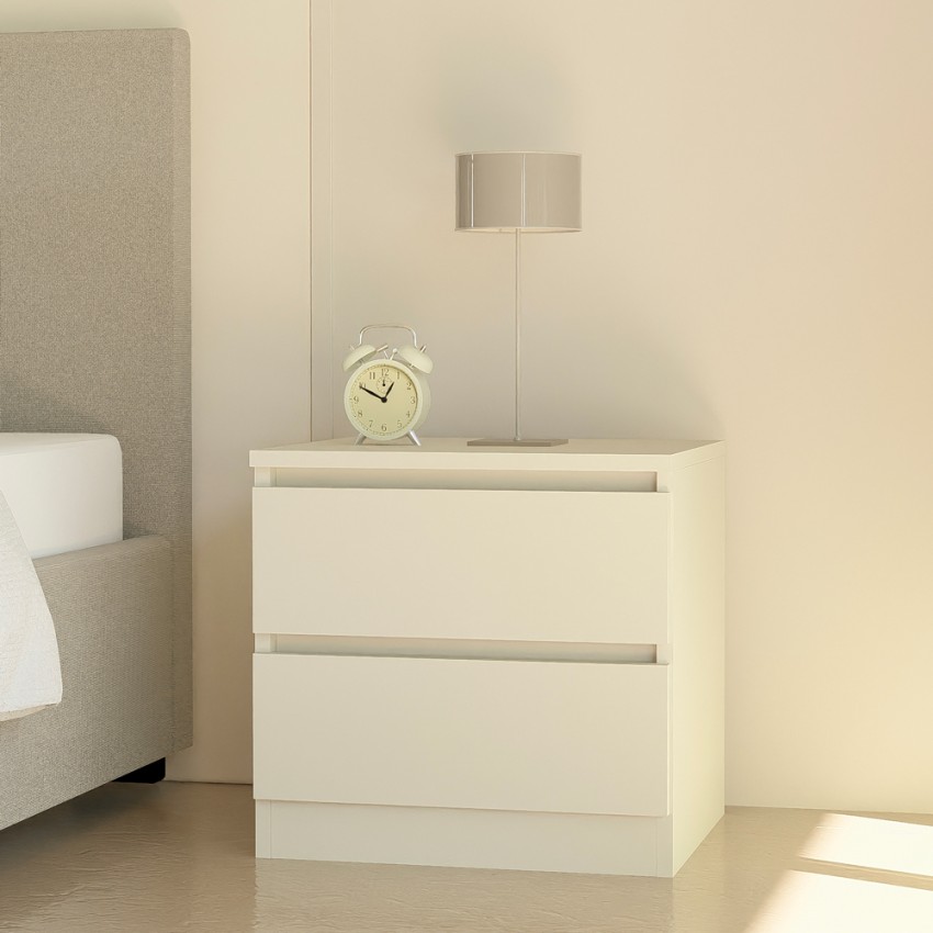 Modern wit nachtkastje Harlene met 2 laden van hout voor de slaapkamer Aanbieding Modern wit nachtkastje Harlene met 2 laden van hout voor de slaapkamer Aanbieding
