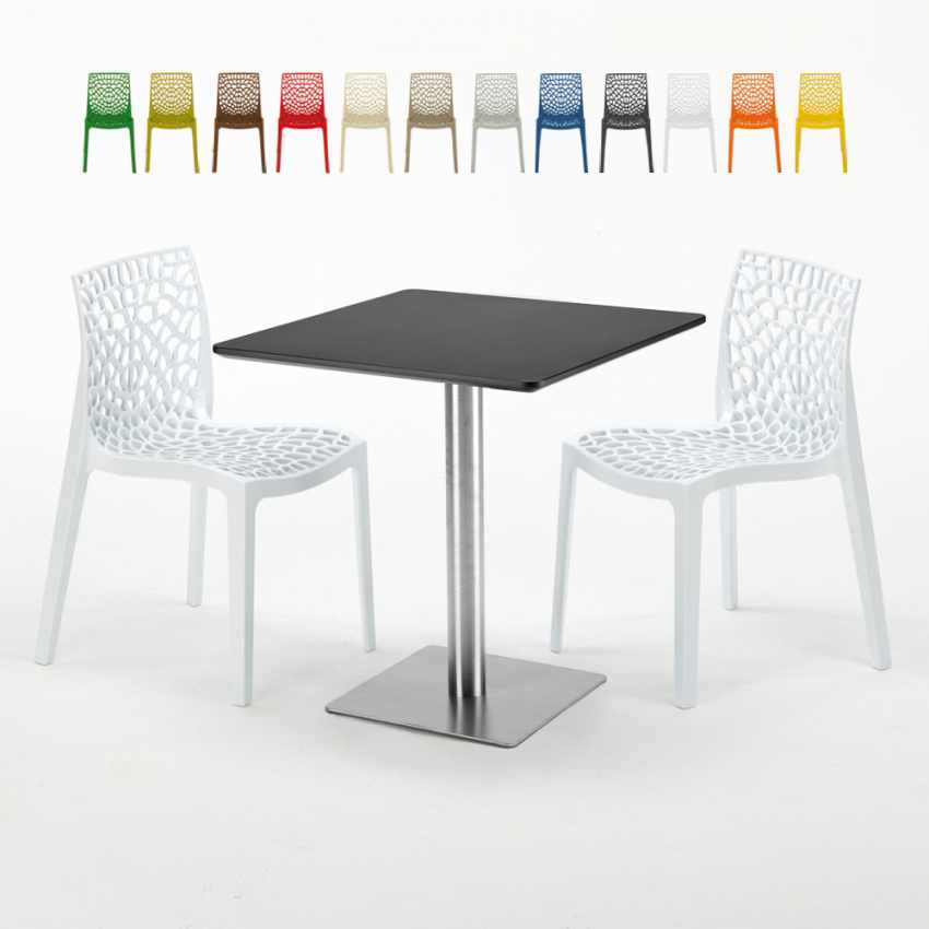 Vierkante tafel 70x70 cm Stalen onderstel en zwart top met 2 gekleurde stoelen Gruvyer Rum Raisin Aanbod