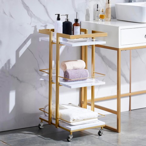 Verrijdbare trolley voor schoonheidsspecialist en kapper in goud metaal en marmer effect Mawi Aanbieding