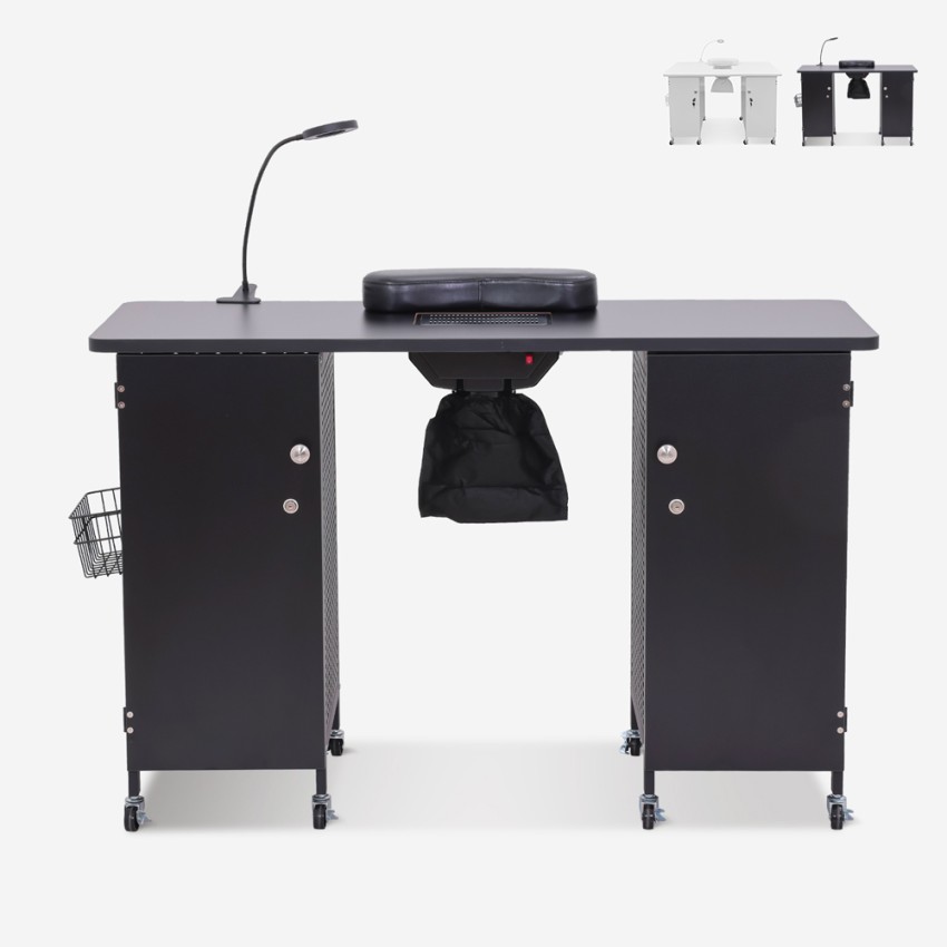 Manicuretafel met wielen, afzuiging en lamp in wit of zwart Talos Aanbieding