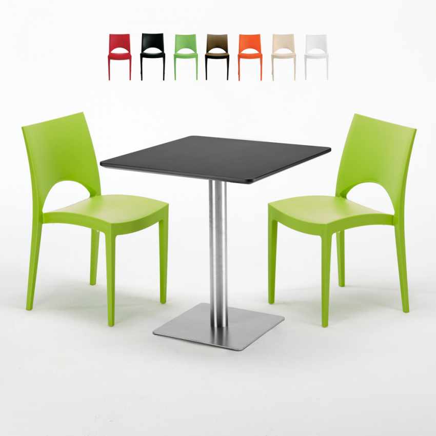 Vierkante tafel 70x70 cm Stalen onderstel en zwart top met 2 gekleurde stoelen Paris Rum Raisin Catalogus