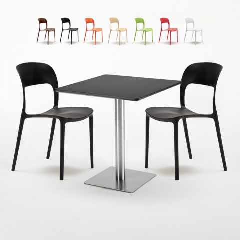 Vierkante tafel 70x70 cm Stalen onderstel en zwart top met 2 gekleurde stoelen Restaurant Rum Raisin