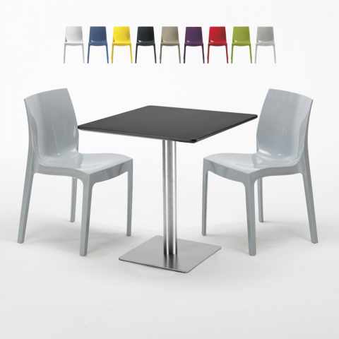 Vierkante tafel 70x70 cm Stalen onderstel en zwart top met 2 gekleurde stoelen Ice Rum Raisin Aanbieding