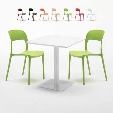 Vierkante salontafel wit 60x60 cm met stalen onderstel en 2 gekleurde stoelen Restaurant Meringue